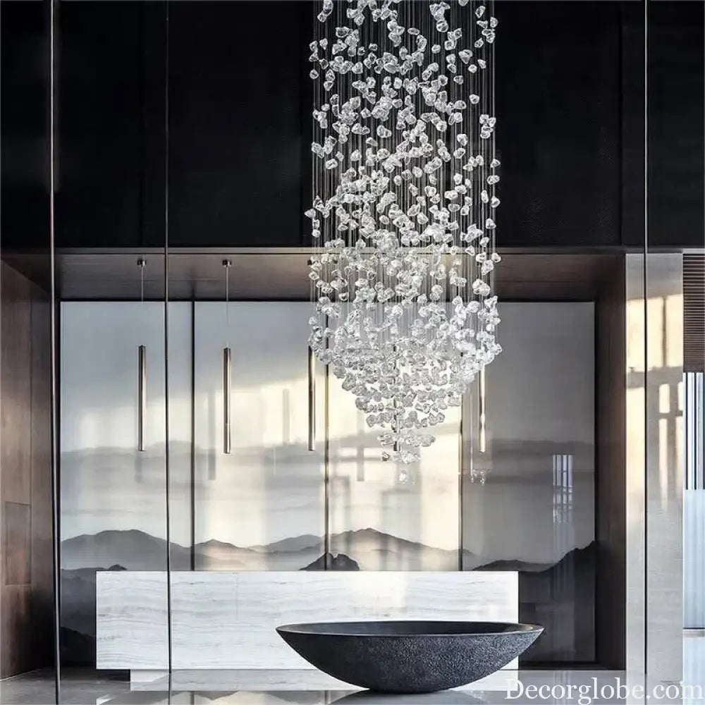 Luxury Stone Crystal Stair Chandelier - LED Lighting Fixture for Large Living Rooms, Home Decor, Hallways, and Lobby Elegance - DecorGlobe