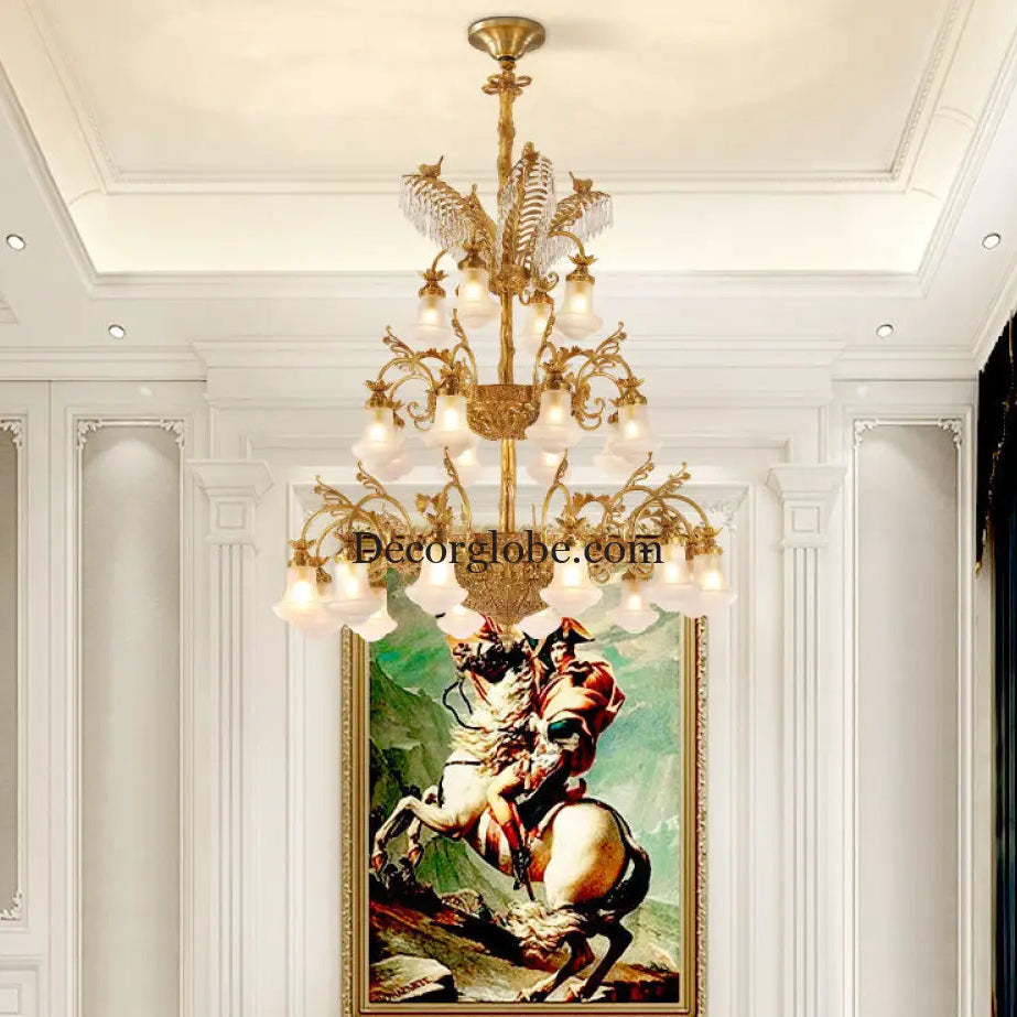 European-style copper Villa duplex building chandelier luxury French dewaxing copper lamp hotel engineering crystal