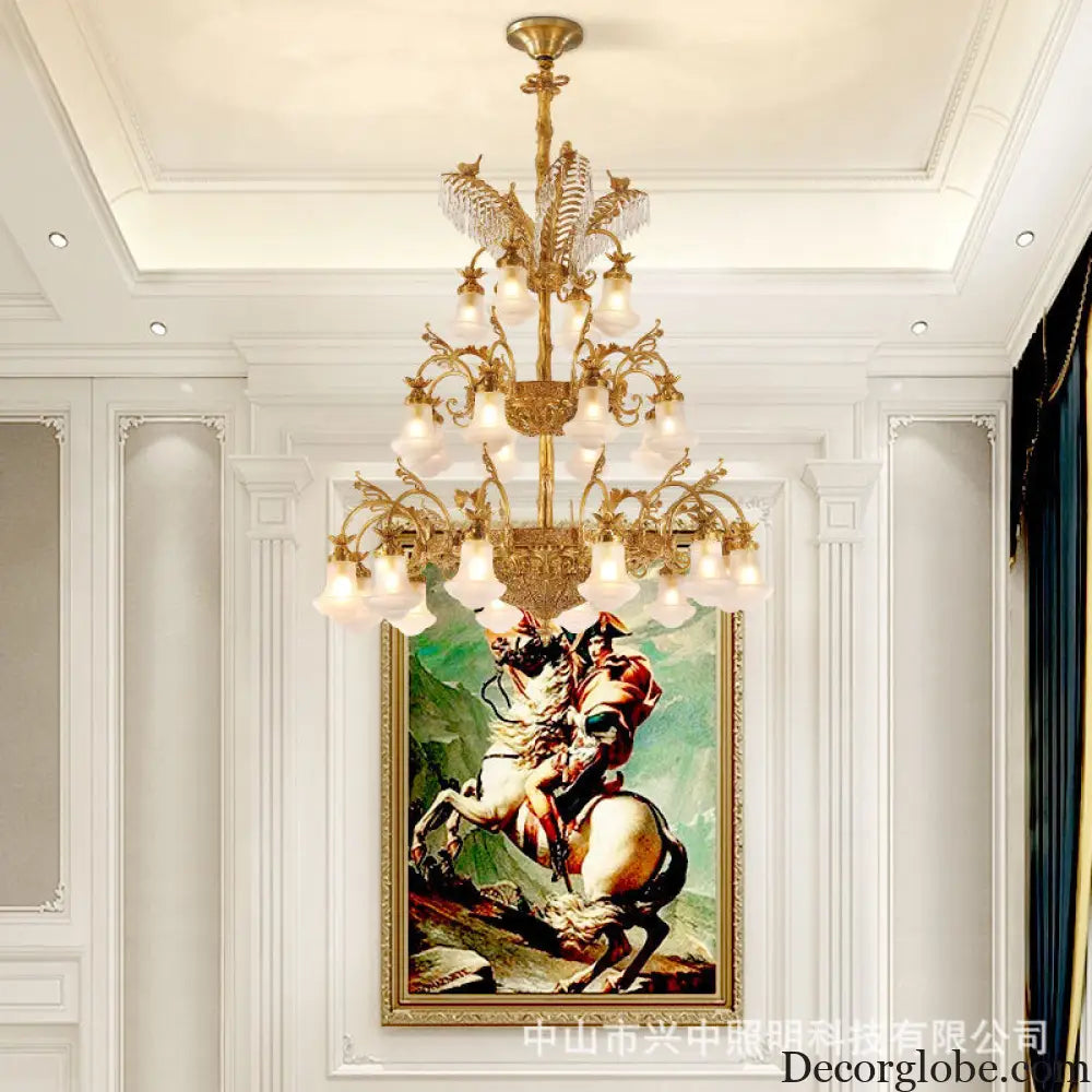 European-style copper Villa duplex building chandelier luxury French dewaxing copper lamp hotel engineering crystal