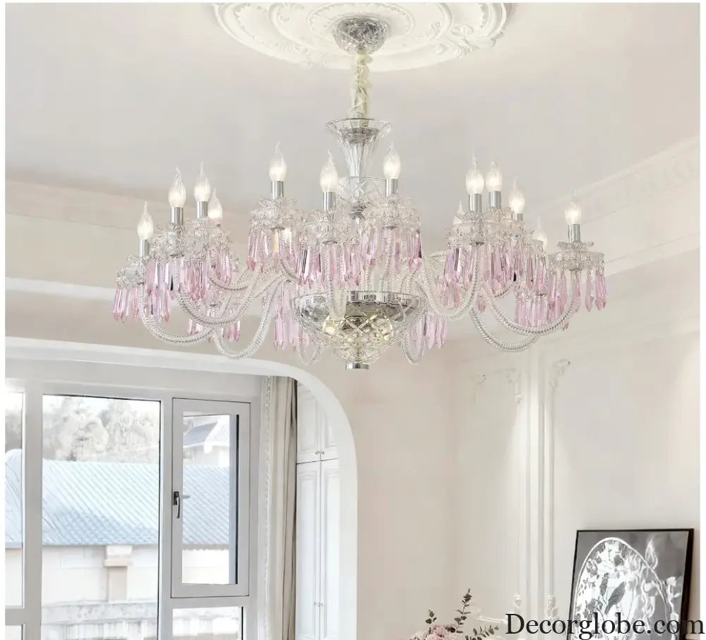 Romantic Crysatl Candle Chandelier Luxury Glass Pink Decora E14 Pendant Lights D68cm H52cm Art Decor Led Lamparas
