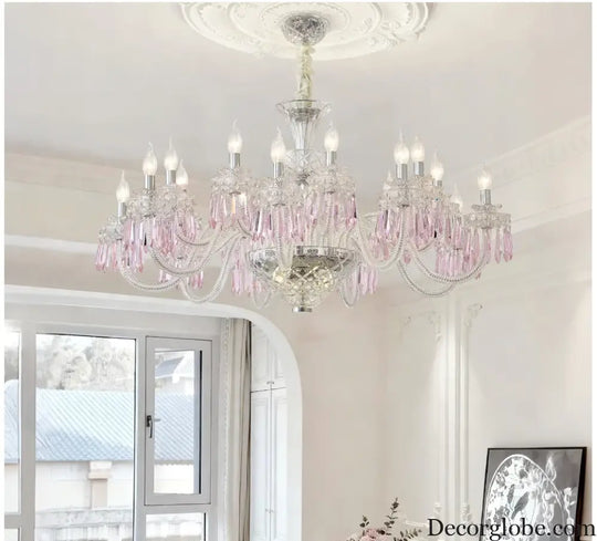 Romantic Crysatl Candle Chandelier Luxury Glass Pink Decora E14 Pendant Lights D68cm H52cm Art Decor Led Lamparas