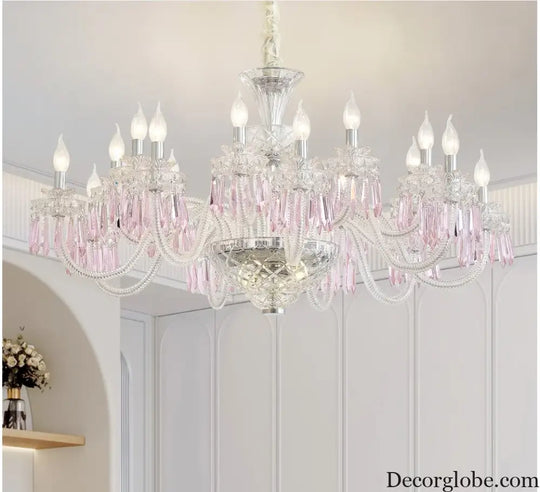 Romantic Crysatl Candle Chandelier Luxury Glass Pink Decora E14 Pendant Lights D68cm H52cm Art Decor Led Lamparas