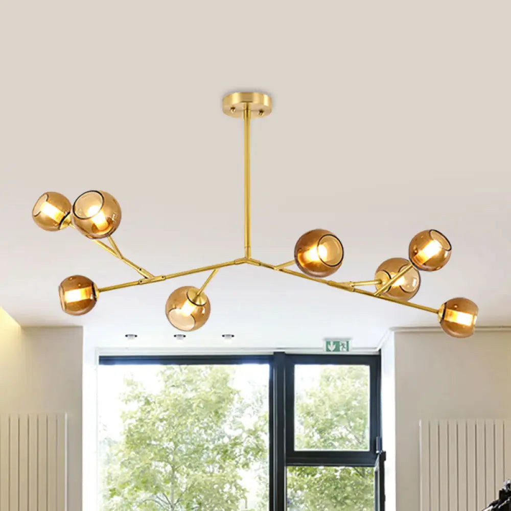 Modern 8-Bulb Brass Chandelier Ceiling Light with Amber Glass Shades Brass