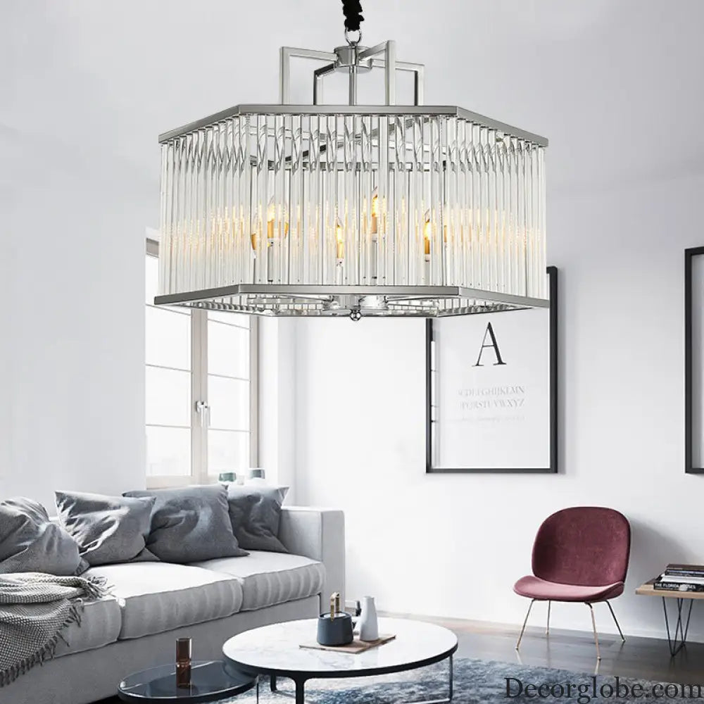 Hexagon Chrome Pendant Chandelier with Crystal - Modern Metal Hanging Lamp for Living Room Chrome