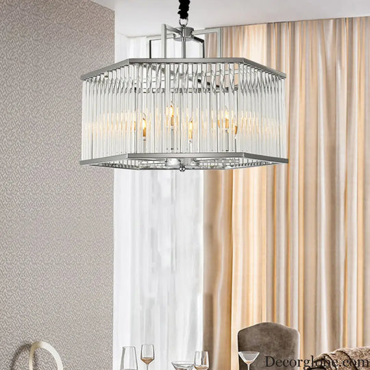 Hexagon Chrome Pendant Chandelier with Crystal - Modern Metal Hanging Lamp for Living Room Chrome