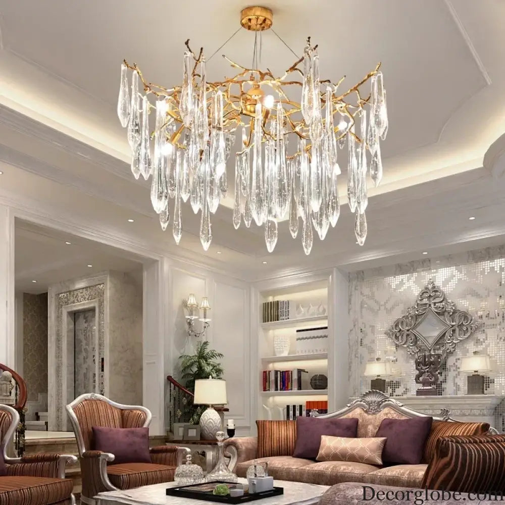 Modern Crystal Chandeliers - Luxury Living and Dining Room Lighting with Bar Design, Featuring Branch Pendant Lights and Crystal Water Drop Accents - DecorGlobe