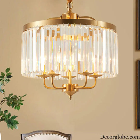 Modern Crystal Cylinder Chandelier Pendant Light - 4 Heads Brass Finish Curved Metal Arm Brass