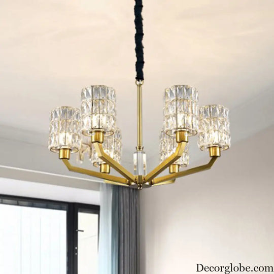 Gold Pendant Chandelier with Crystal Cylinder Shade - Modern Bedroom Lighting Fixture (6 Heads) Gold