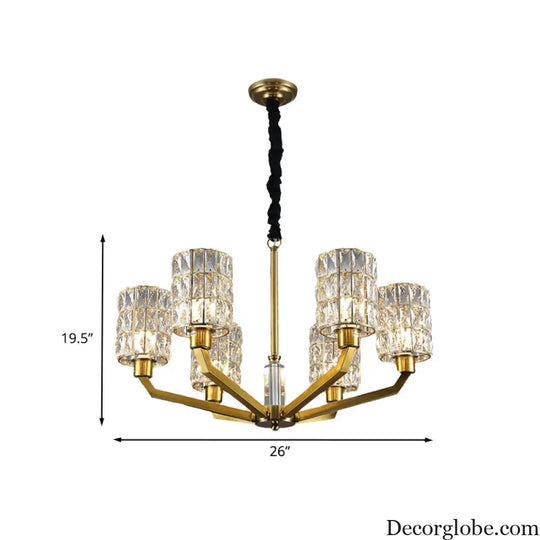 Gold Pendant Chandelier with Crystal Cylinder Shade - Modern Bedroom Lighting Fixture (6 Heads) Gold