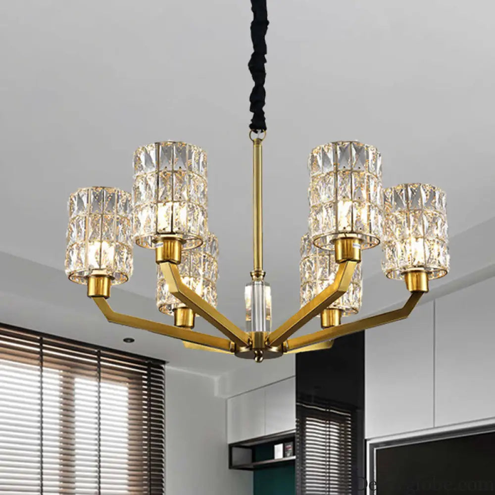 Gold Pendant Chandelier with Crystal Cylinder Shade - Modern Bedroom Lighting Fixture (6 Heads) Gold