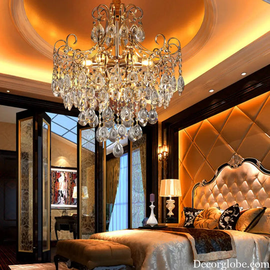 Gold Industrial Geometric Chandelier with Crystal Teardrop Shade - 5/6/8 Bulb Pendant Light
