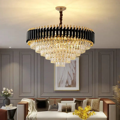 Lustre moderne de luxe à LED, noir et or, en cristal - Luminaire d'intérieur élégant pour salon et salle à manger