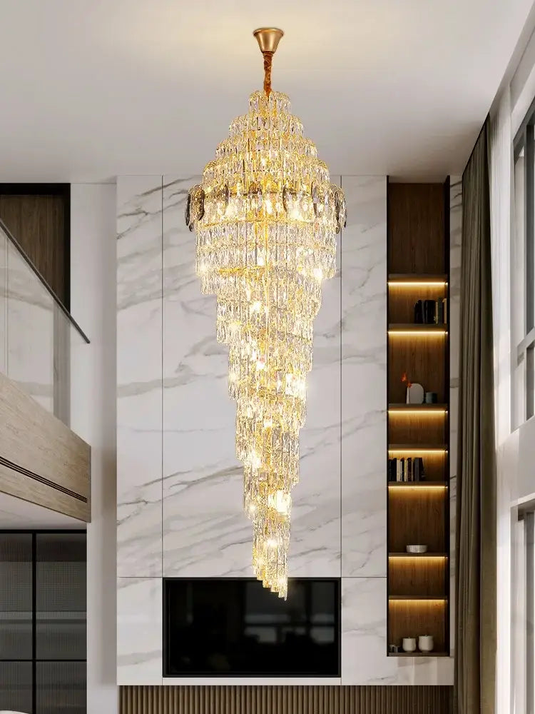Modern Luxury Staircase Chandelier - Golden Elegance with Crystal Accents for Duplex Buildings, High Ceilings, and Decorative Lighting - DecorGlobe