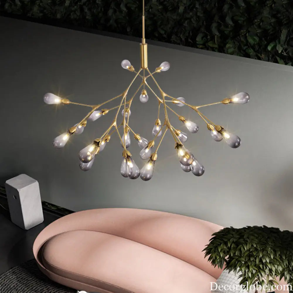 Smoke Gray Glass Teardrop Chandelier - Contemporary 27-Head Pendant Light for Living Room Ceiling Smoke Gray