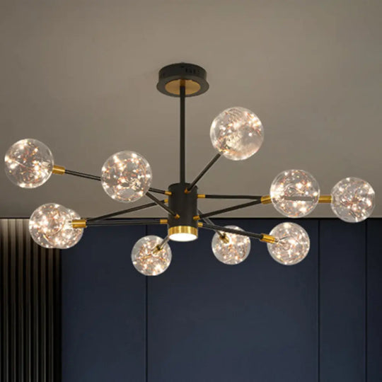 Modern LED Chandelier with Orb Glass Shade - Starburst Hanging Ceiling Light for Living Room 12 / Black / Natural
