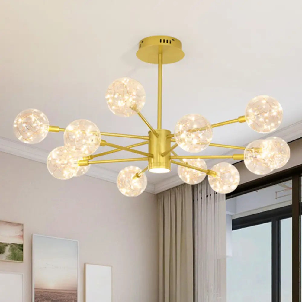 Modern LED Chandelier with Orb Glass Shade - Starburst Hanging Ceiling Light for Living Room 12 / Gold / Natural