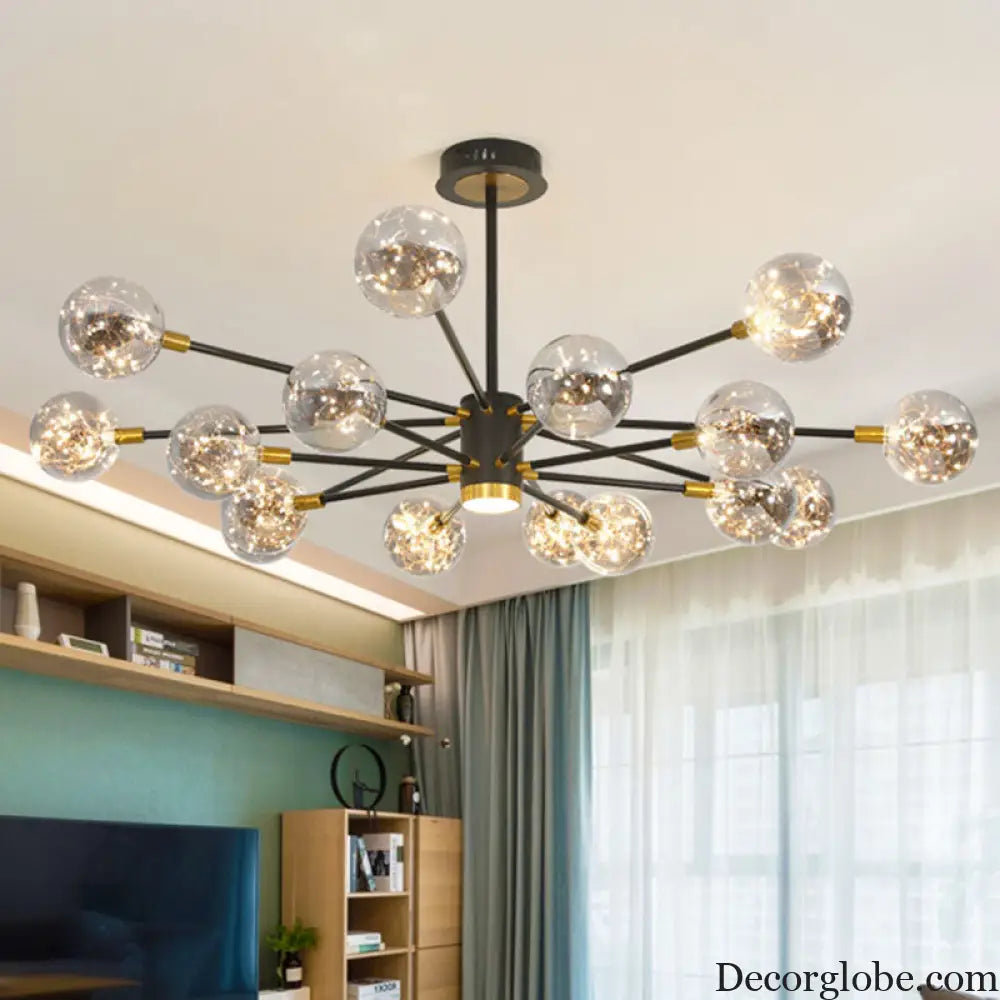 Modern LED Chandelier with Orb Glass Shade - Starburst Hanging Ceiling Light for Living Room