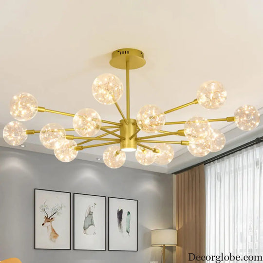 Modern LED Chandelier with Orb Glass Shade - Starburst Hanging Ceiling Light for Living Room