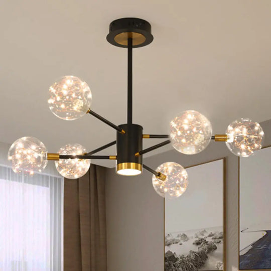 Modern LED Chandelier with Orb Glass Shade - Starburst Hanging Ceiling Light for Living Room 6 / Black / Natural