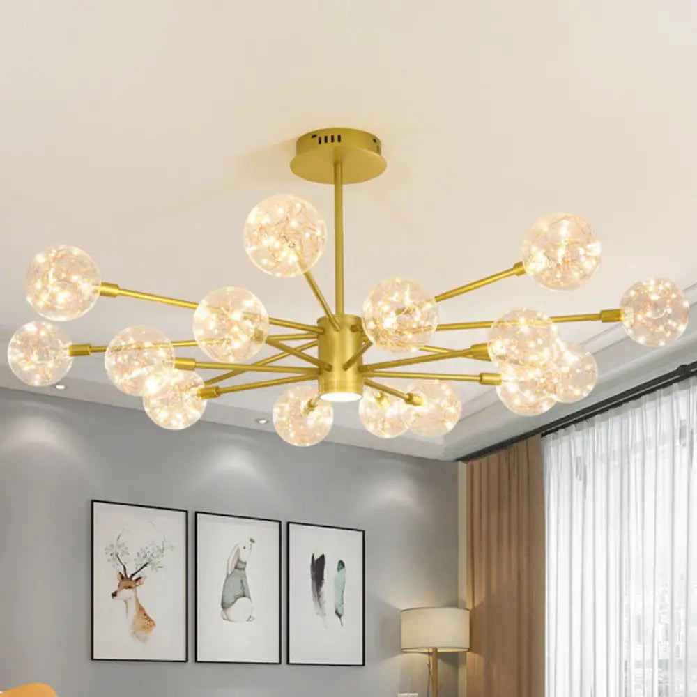 Modern LED Chandelier with Orb Glass Shade - Starburst Hanging Ceiling Light for Living Room 16 / Gold / Natural