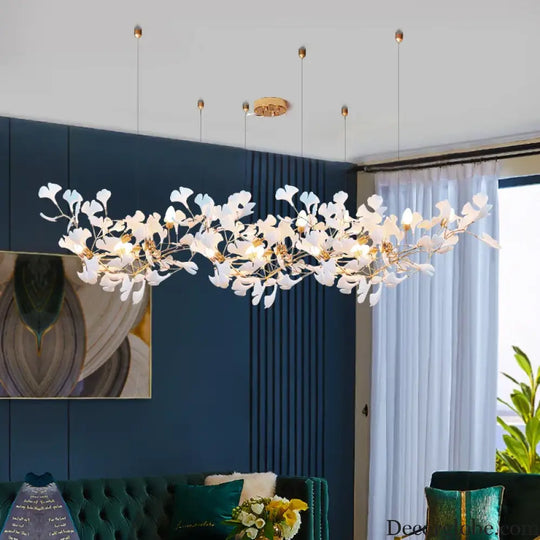 New gold chandelier white ceramic leaf lamp indoor home living room decorative lamp French luxury staircase ceiling lamp - DecorGlobe