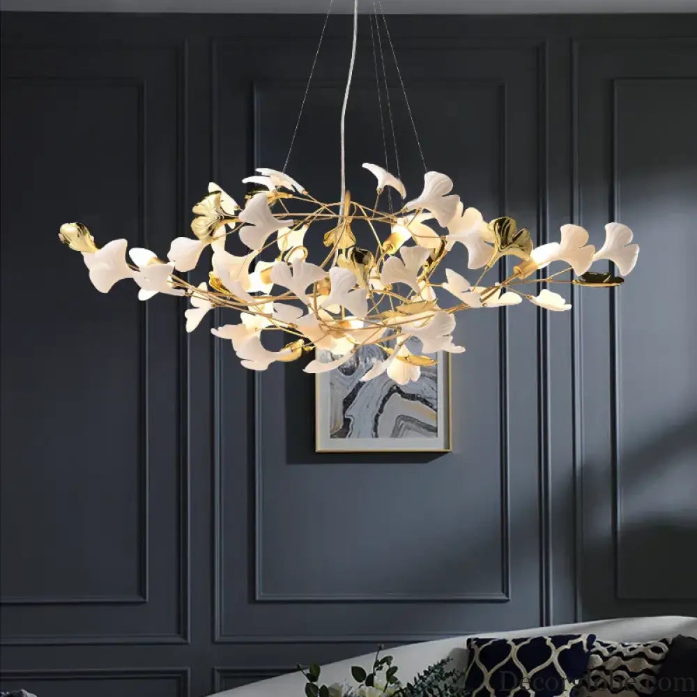 New gold chandelier white ceramic leaf lamp indoor home living room decorative lamp French luxury staircase ceiling lamp - DecorGlobe