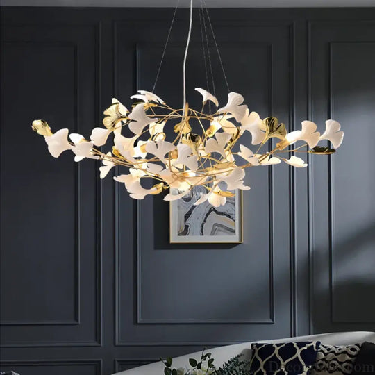New gold chandelier white ceramic leaf lamp indoor home living room decorative lamp French luxury staircase ceiling lamp - DecorGlobe