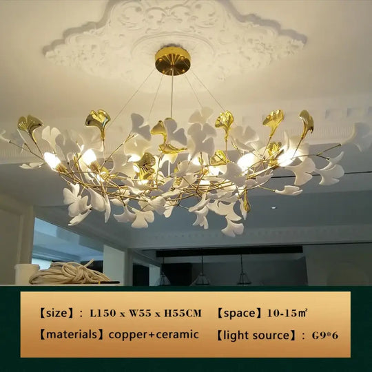 New gold chandelier white ceramic leaf lamp indoor home living room decorative lamp French luxury staircase ceiling lamp - DecorGlobe