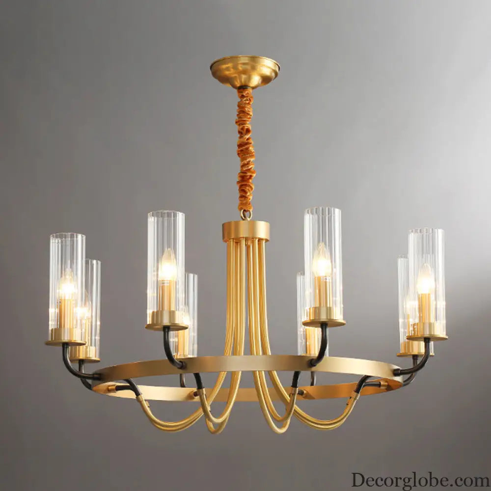 Postmodern Black/Gold Tube Up Chandelier - 6/8 Lights Clear Ribbed Glass Curved Arm