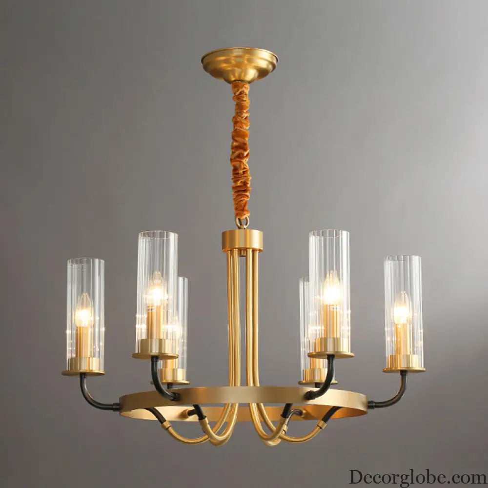 Postmodern Black/Gold Tube Up Chandelier - 6/8 Lights Clear Ribbed Glass Curved Arm