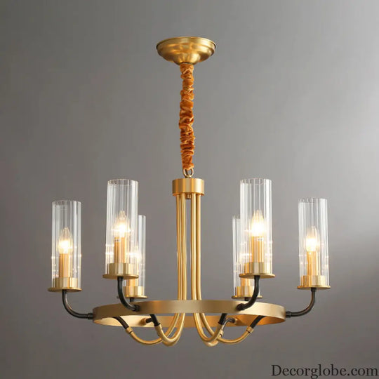 Postmodern Black/Gold Tube Up Chandelier - 6/8 Lights Clear Ribbed Glass Curved Arm