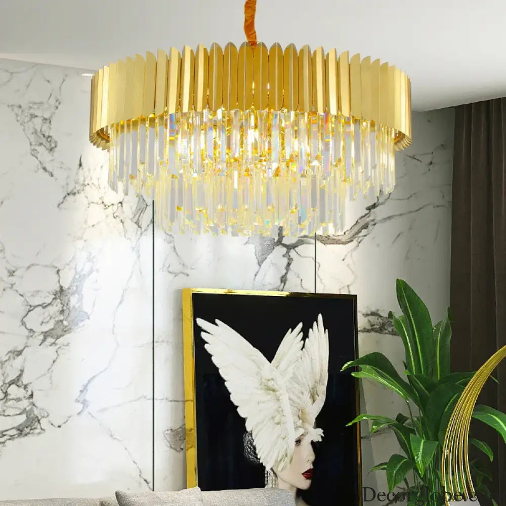 Postmodern Round Gold Stainless Steel Crystal LED Chandelier - Contemporary Illumination for Dining Elegance - DecorGlobe