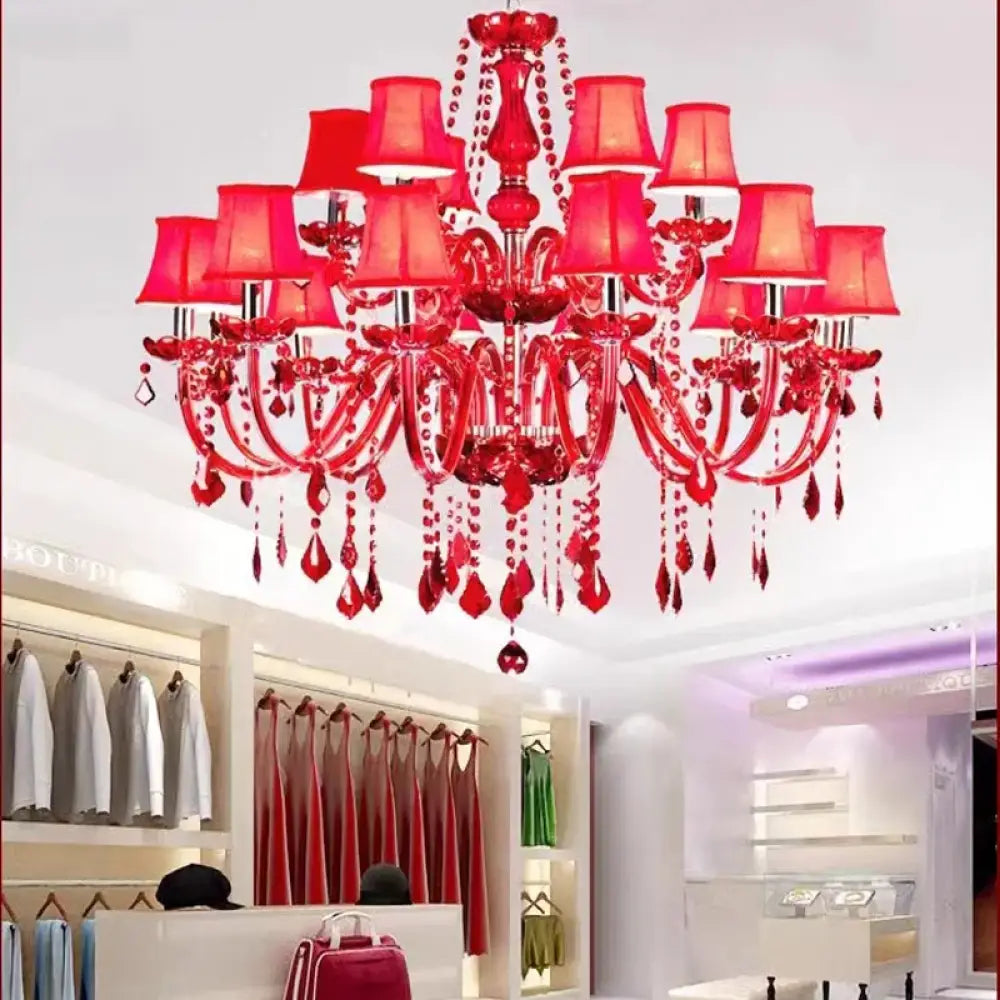 Red Candle Crystal Chandelier with Glass Shades 6 or 8 Head Chandelier