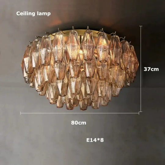 Retro Champagne Pendant Light for Large Living Room Lighting D80cm ceiling lamp / Amber glass / Chrome hardware|Remote
