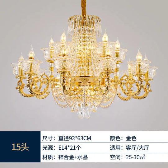 European Luxury Crystal Branch Chandelier for Villa Living 10 + 5 head chandelier (diameter 93cm, height 63cm)