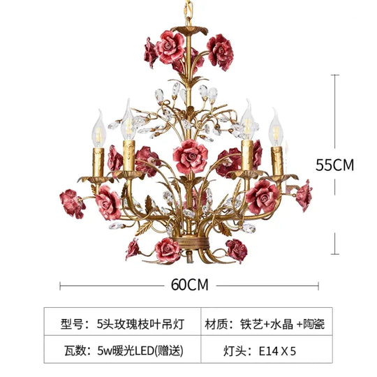 ROSELYN French Vintage Rose Pendant Lamp Red 5 heads Chandelier