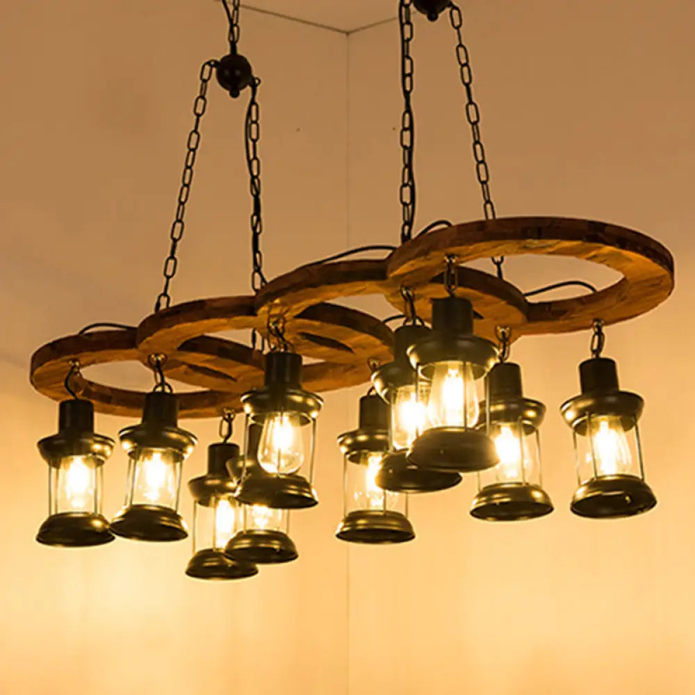 Vintage Black Chandelier Pendant Lamp with Clear Glass Lantern and Wooden Shelf - 10 Lights Black
