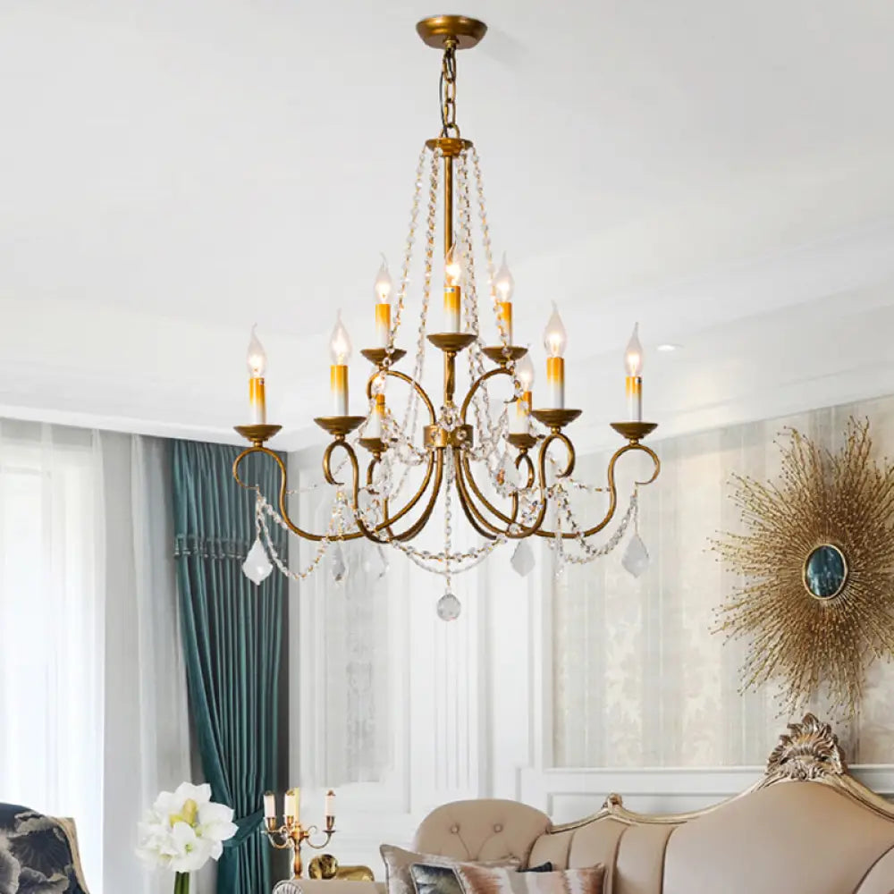 Vintage Brass Chandelier Pendant Light - Crystal Beaded Strand - 6/9 Lights - Bare Bulb Hanging Pendant 9 / Brass