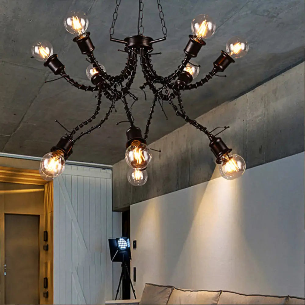 Vintage Rustic Iron Twig Arm Chandelier Pendant Lamp for a Stylish Cafe Vibe Black