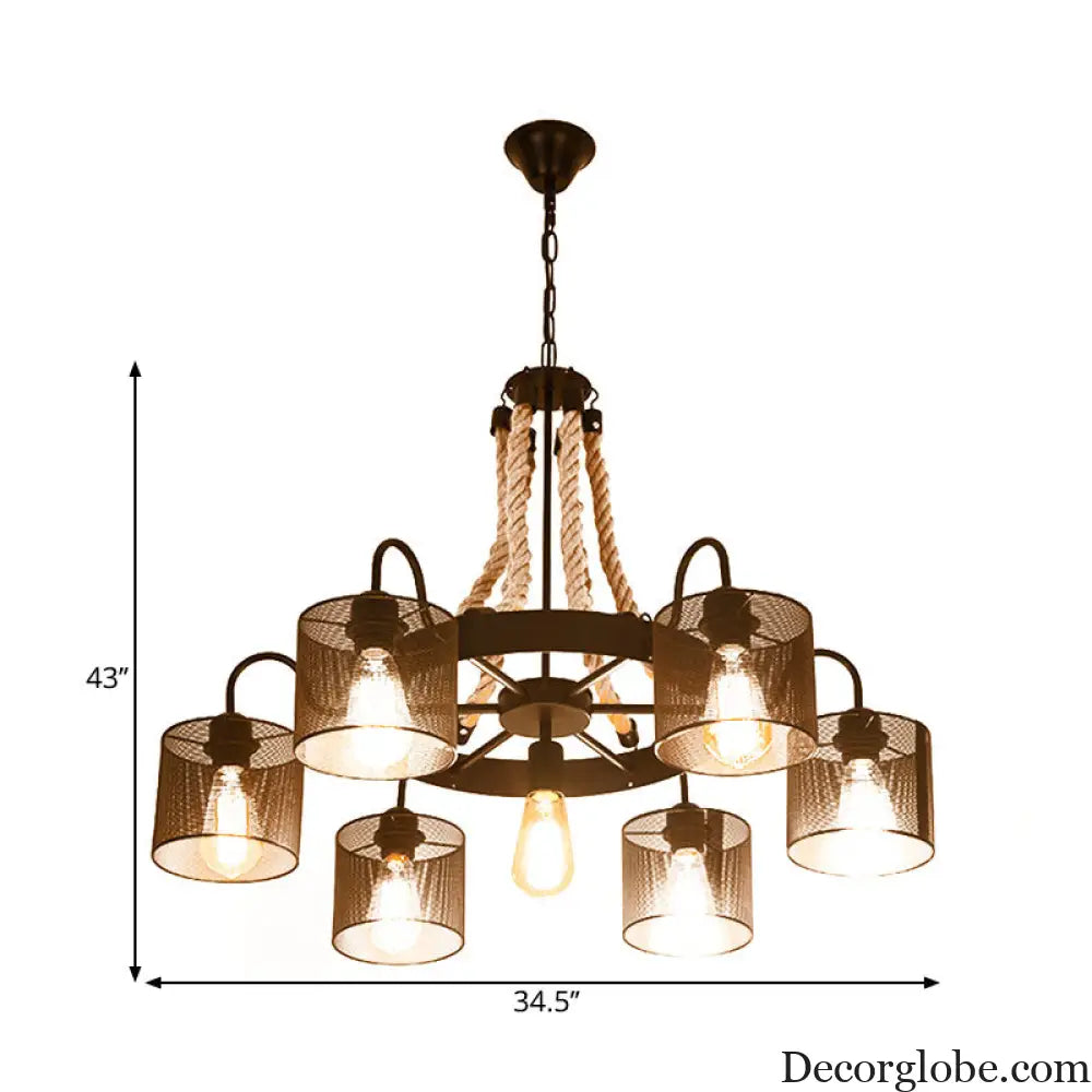 Vintage Style Cylinder Mesh Metal Shade Chandelier: 6-Head Restaurant Hanging Light in Beige Beige