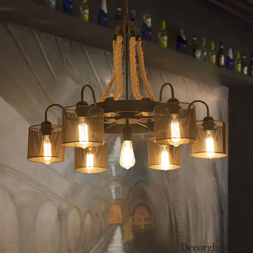 Vintage Style Cylinder Mesh Metal Shade Chandelier: 6-Head Restaurant Hanging Light in Beige Beige
