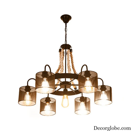 Vintage Style Cylinder Mesh Metal Shade Chandelier: 6-Head Restaurant Hanging Light in Beige Beige