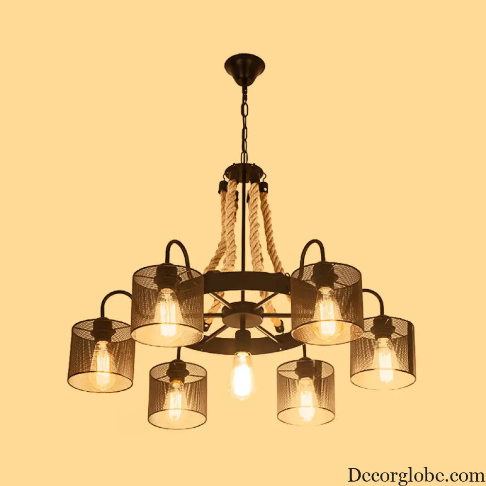 Vintage Style Cylinder Mesh Metal Shade Chandelier: 6-Head Restaurant Hanging Light in Beige Beige