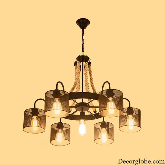 Vintage Style Cylinder Mesh Metal Shade Chandelier: 6-Head Restaurant Hanging Light in Beige Beige