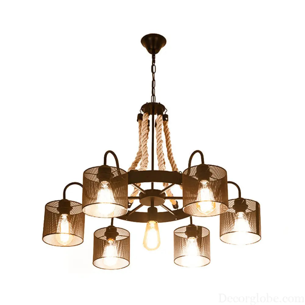 Vintage Style Cylinder Mesh Metal Shade Chandelier: 6-Head Restaurant Hanging Light in Beige Beige