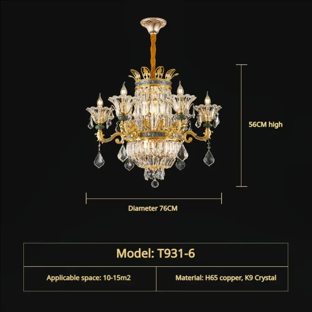 Vivienne French Copper Crystal Candle Chandelier Duplex Stair Pendant Light 6Head D76CM H56CM / White Light Chandelier