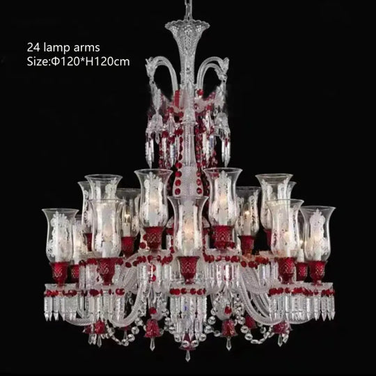 ZELORA Red Crystal European-Style Duplex Statement Chandelier 24 lamp arms / Warm light chandelier